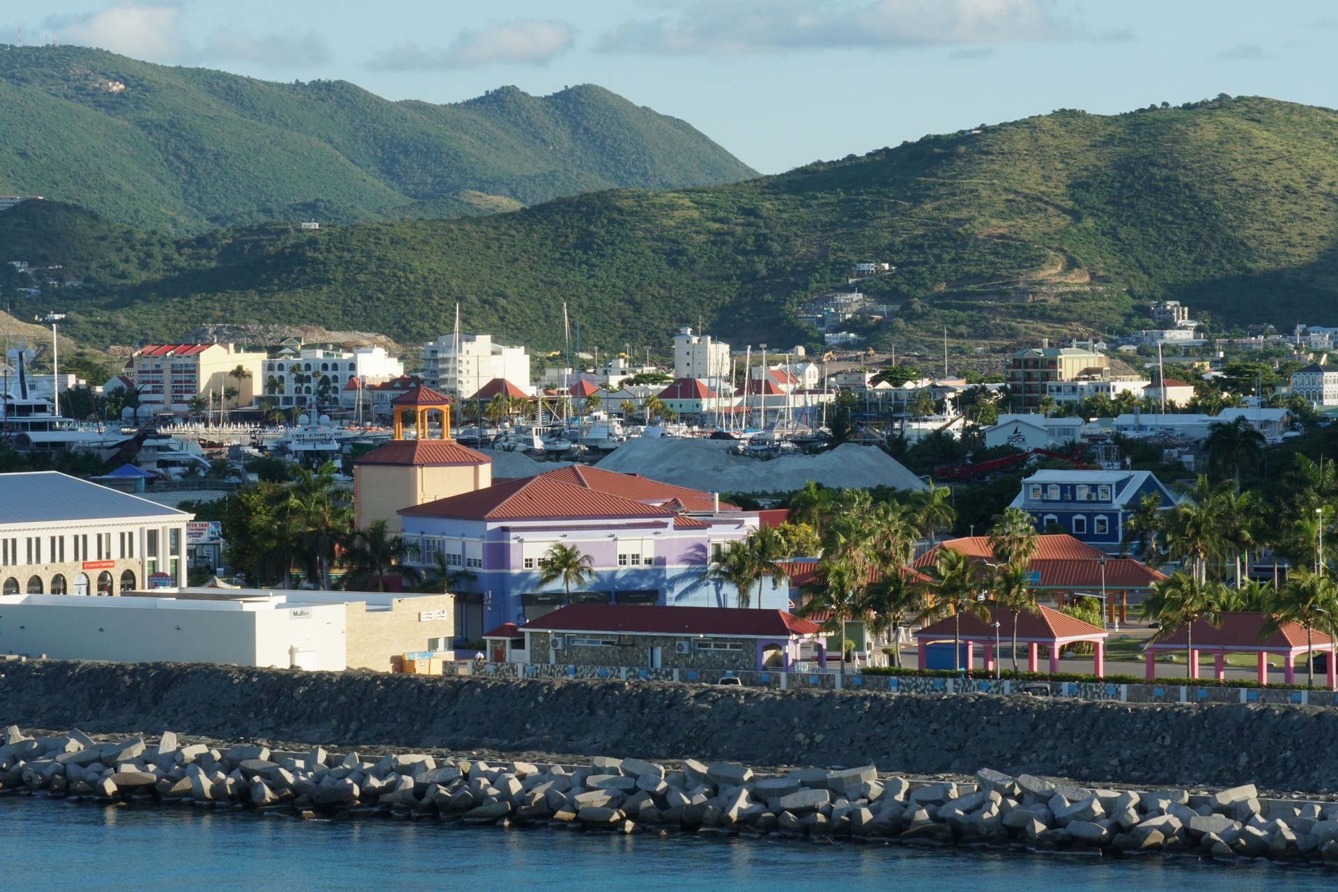 View from container terminal on Philipsburg on the Caribbean island of Sint Maarten, which is the Dutch part.